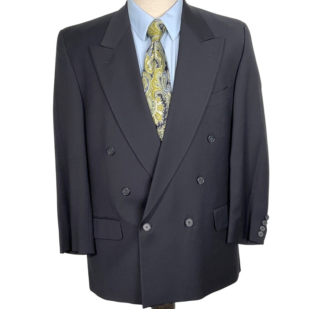 Joseph Abboud Blazer Men 42R Black Double Breasted Wool Sport Coat Jacket USA‎